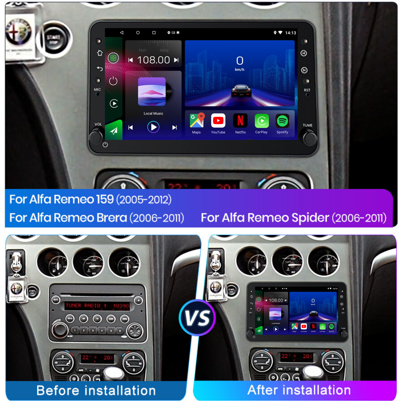 Alfa Romeo 159 | Brera | Spider | 2005-2012 | Android 14 Autoradio | Apple CarPlay | Android Auto