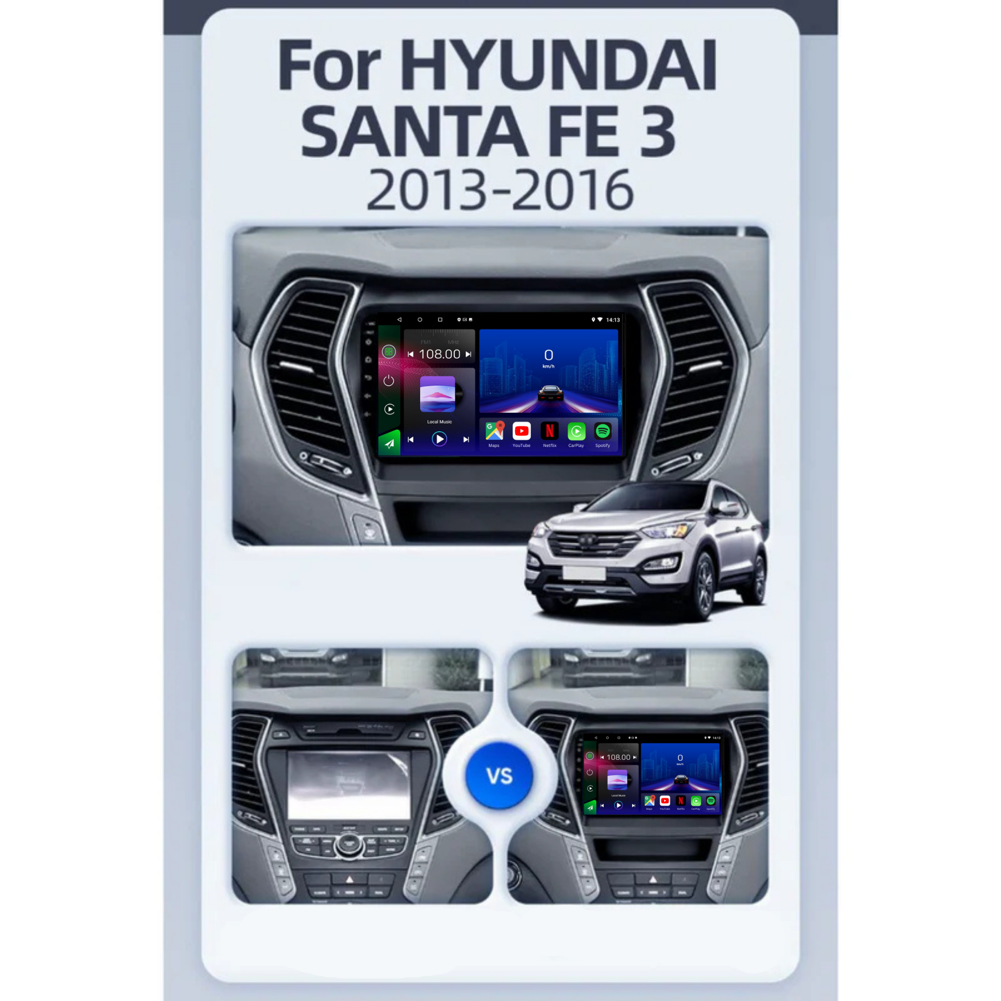 Hyundai Santa Fe 3 | 2013-2016 | Android 13 Autoradio | Apple CarPlay | Android Auto - TechVoyage
