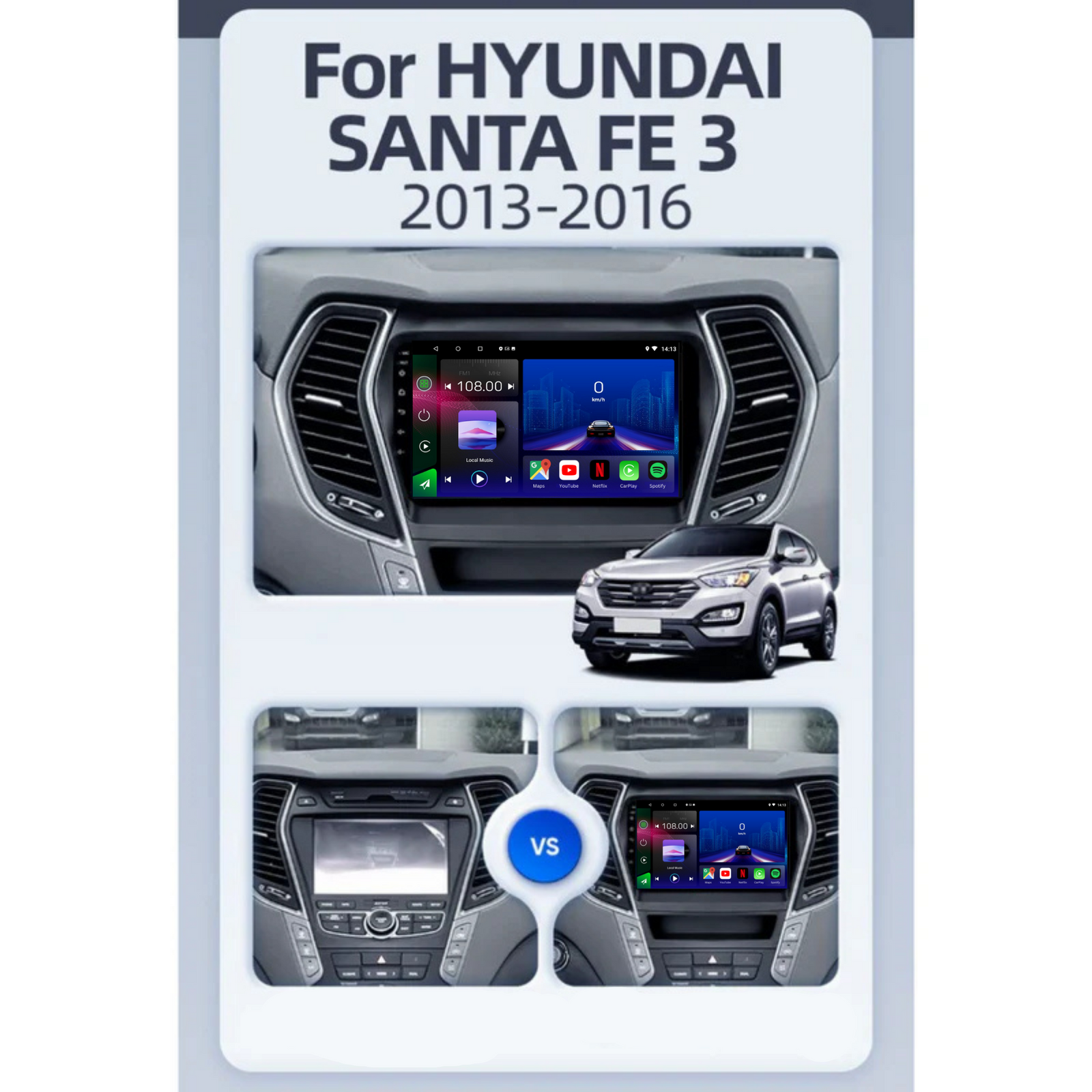 Hyundai Santa Fe 3 | 2013-2016 | Android 13 Autoradio | Apple CarPlay | Android Auto - TechVoyage